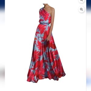 NWT SHEIN One-Shoulder Red and Blue Floral Pleated Maxi Dress ~sz S/4